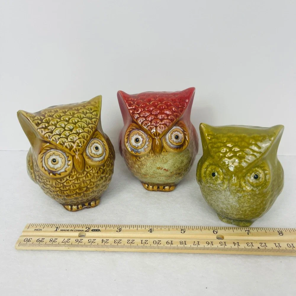 Vintage Style Ceramic Owl Figurines Set of 3 Retro Glaze Bird Yellow Red Green